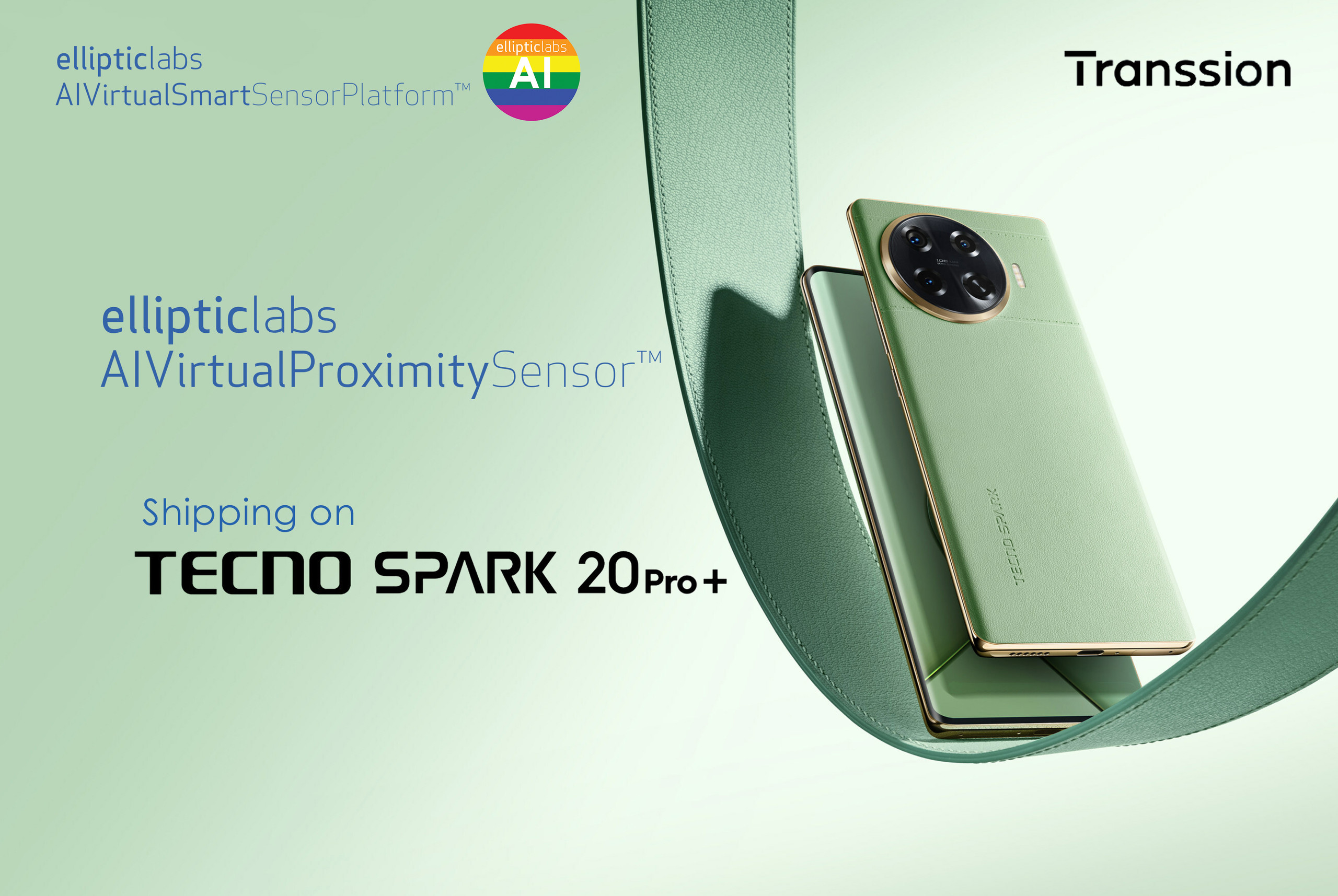 传音Tecno Spark 20 Pro+智能手机搭载Elliptic Labs虚拟传感器